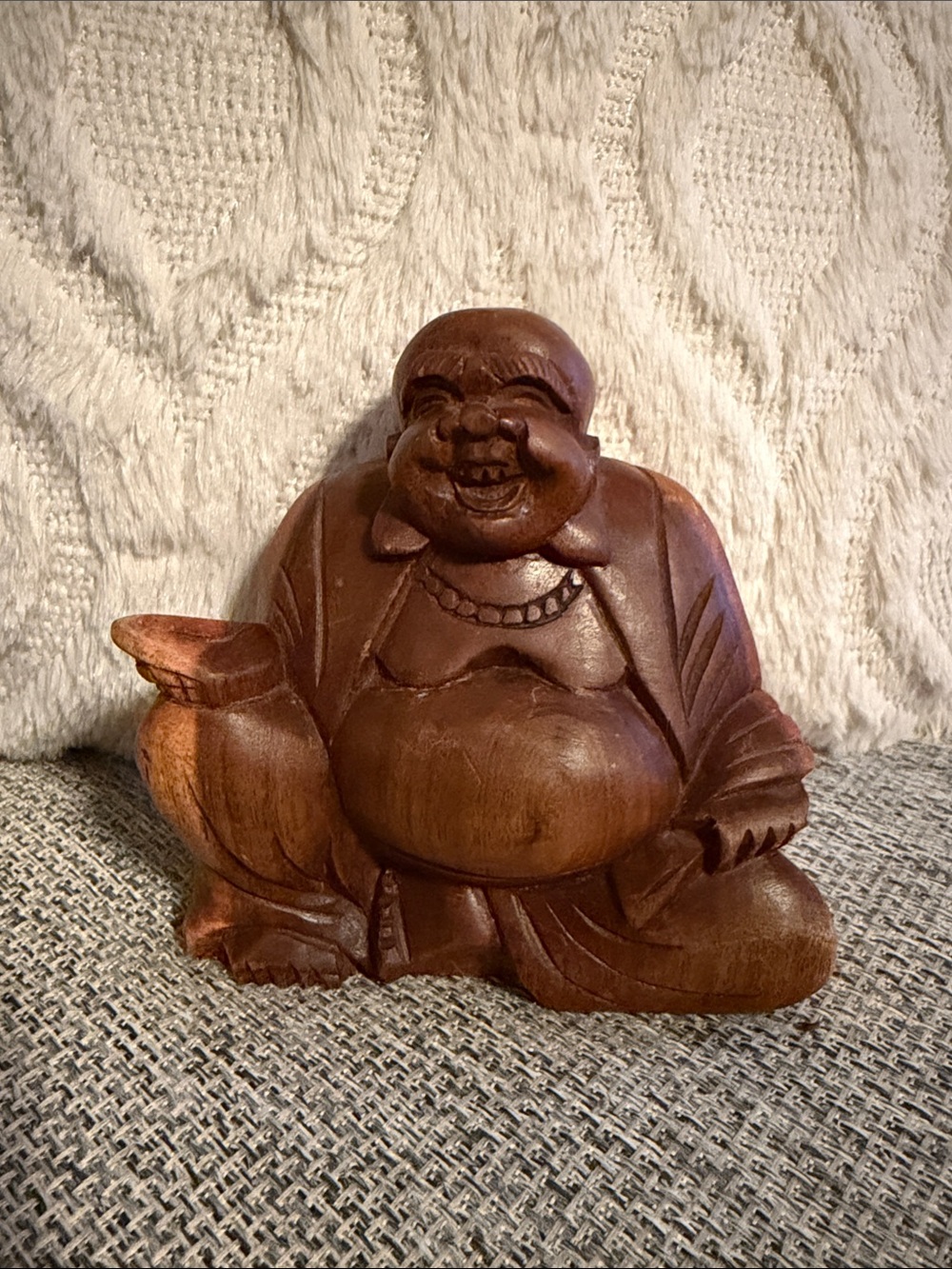 Hand Carved Wooden Laughing Buddha Statue - Brown